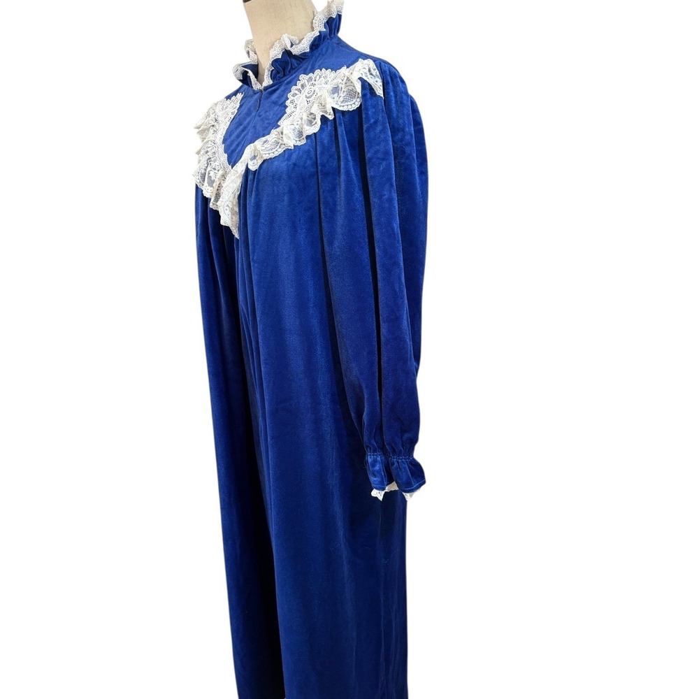Vtg 70s Gilligan O'Malley Nightgown Blue Velvet Lace Ruffle Sz Xs Cottagecore - Picture 4 of 9